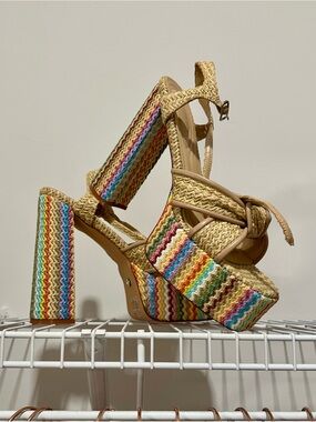 Azalea Wang Raffia Platform Sandal with Multicolor Stripe Heel